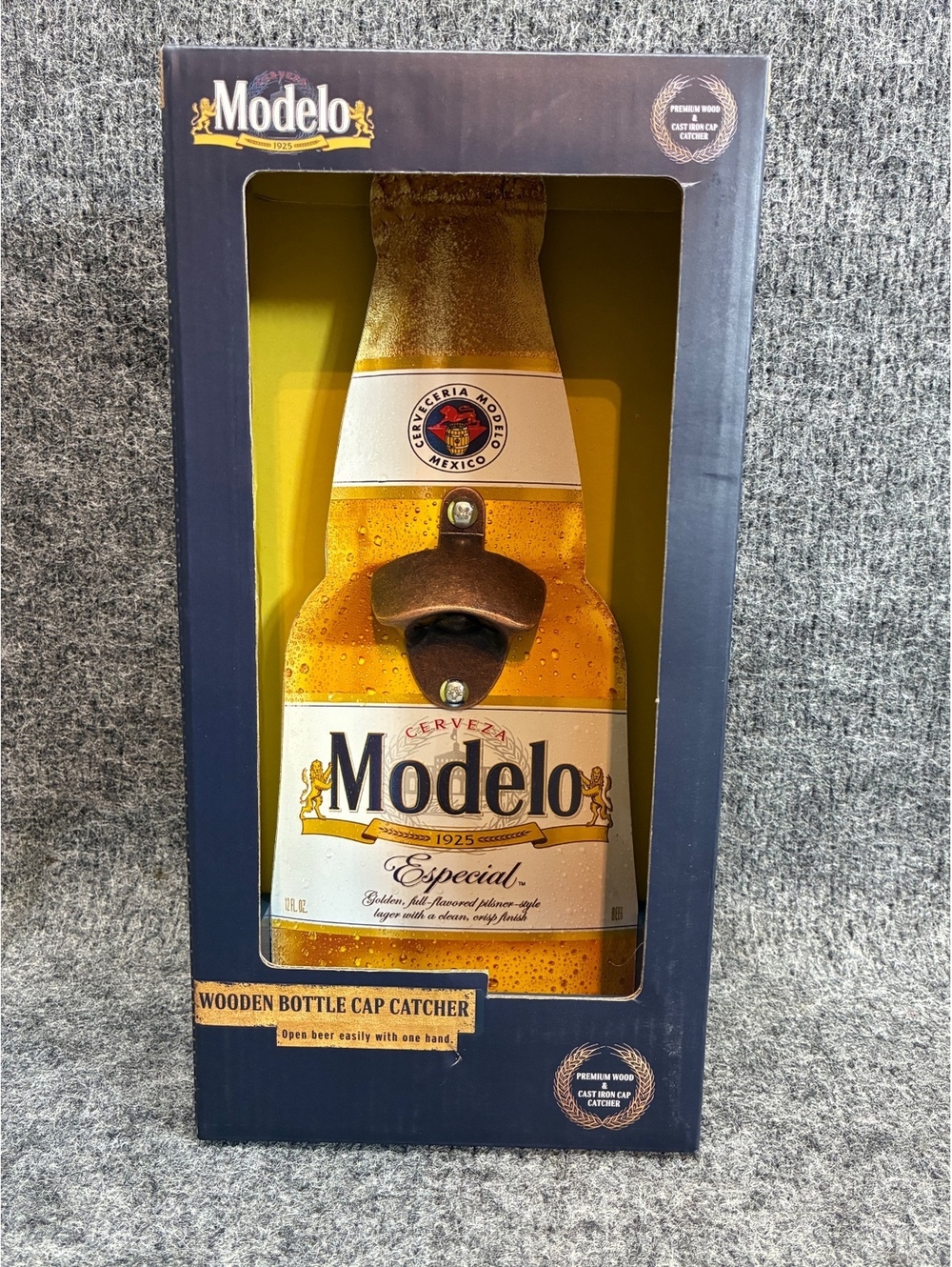 Modelo Wooden Bottle Cap Catcher with Cast Iron Cap Opener
